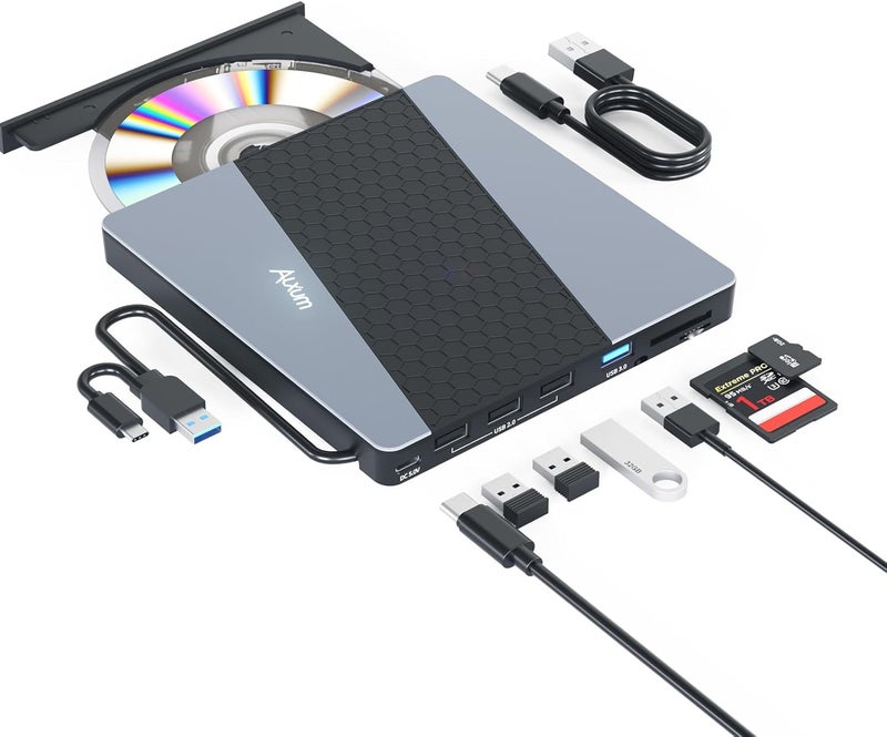 ALXUM External CD Drive, 8 in 1 External DVD Drive for Laptop Portable CD Player with Multiple Ports Support Faster Transfer Speed CD 8X DVD 24x for Windows 11/10/8/7 MacOS and More - Image 1
